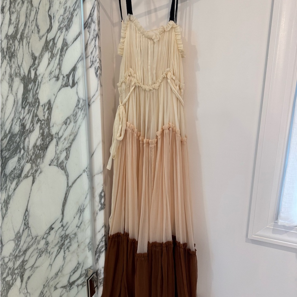 Elegant Cream and Brown Maxi Dress